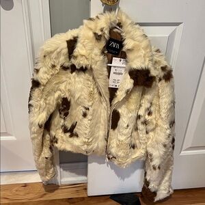 Zara Cream and Brown Faux Fur Coat